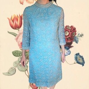 Vintage 1960s Heavily Beaded Pearl Turquoise Dress Small 4